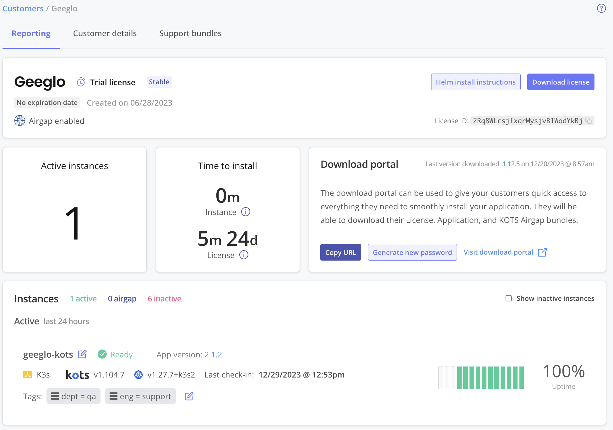 Customer reporting page showing two active instances